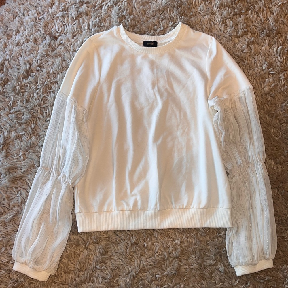 Small, white crew neck sweatshirt with sheer sleeves